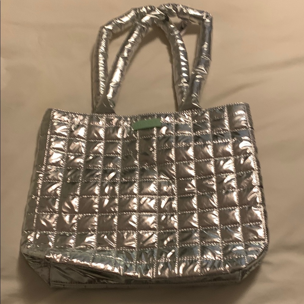 CLINIQUE Limited Edition Large Silver Green Lining Tote Bag Puffer Double Handle